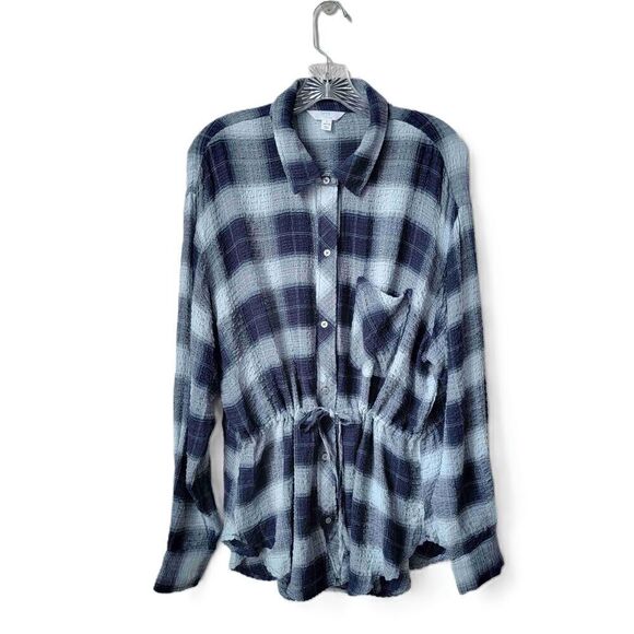 Time and Tru Blue Plaid Long Sleeve Button Up Shirt Drawstring Waist Size Large - Picture 2 of 7